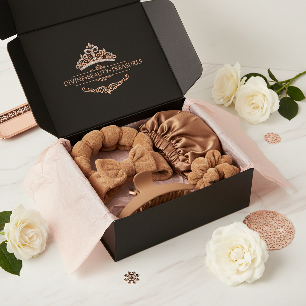 Luxury Beauty Hair Accessories Set in Coffee with pink tissue paper packaging