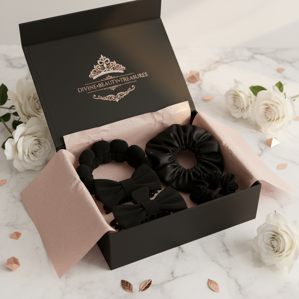 Luxury Beauty Hair Accessories Set in Black with pink tissue paper packaging