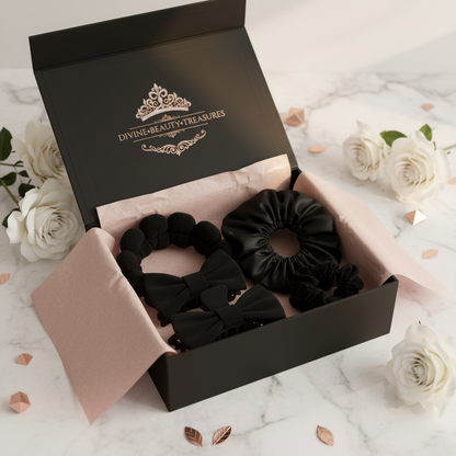 Luxury Beauty Hair Accessories Set in Black with pink tissue paper packaging