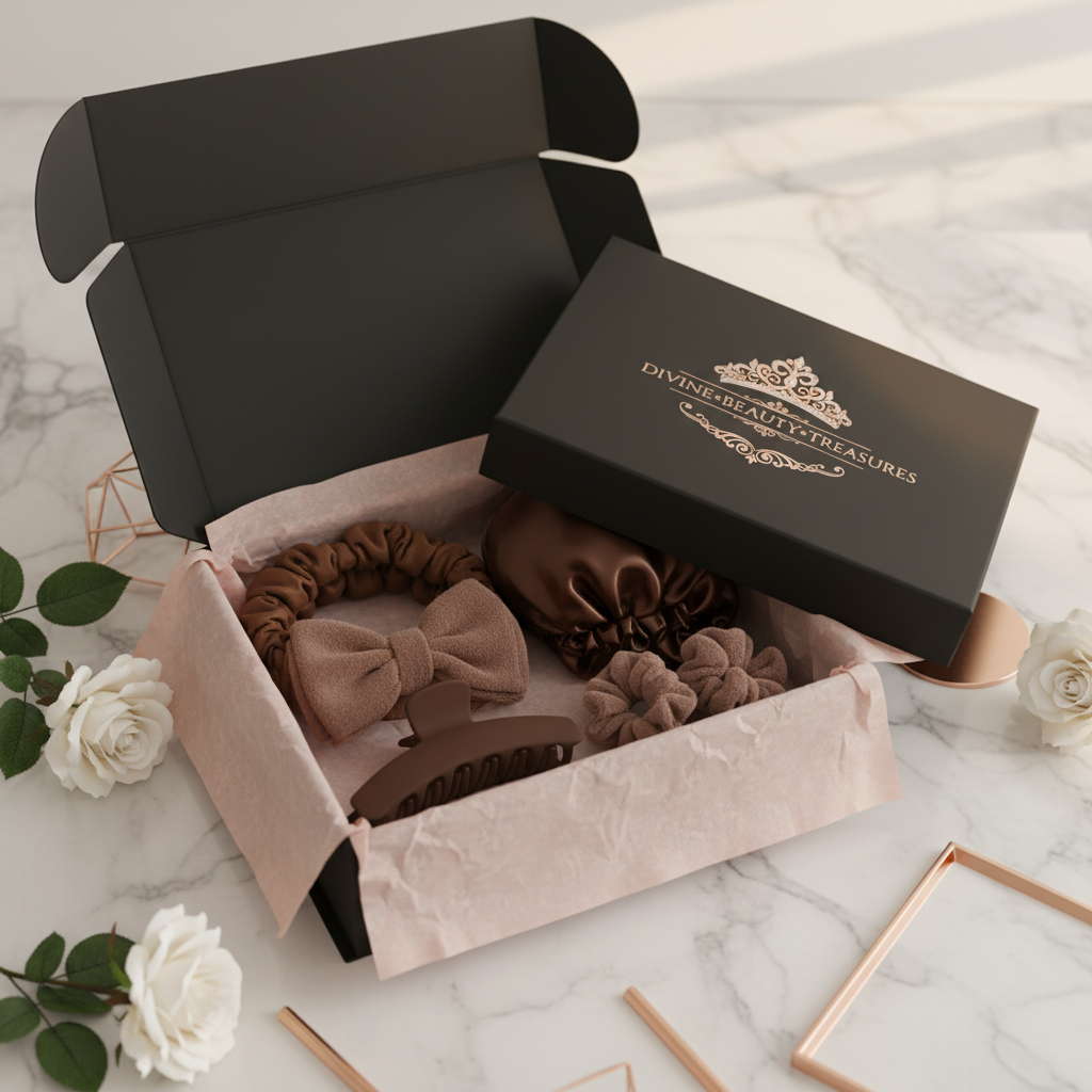 Luxury Beauty Hair Accessories Set in Brown with pink tissue paper packaging