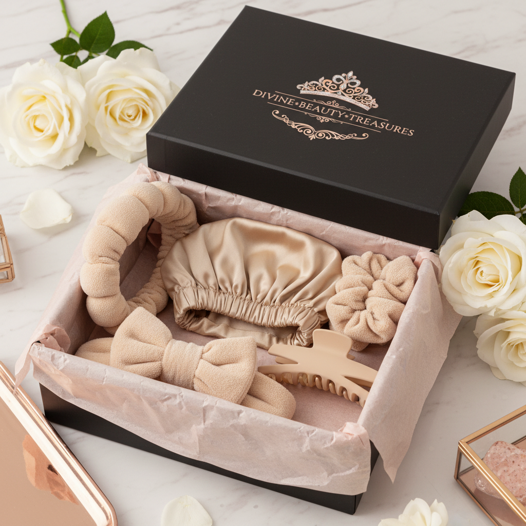 Luxury Beauty Hair Accessories Set in Light Coffee with pink tissue paper packaging